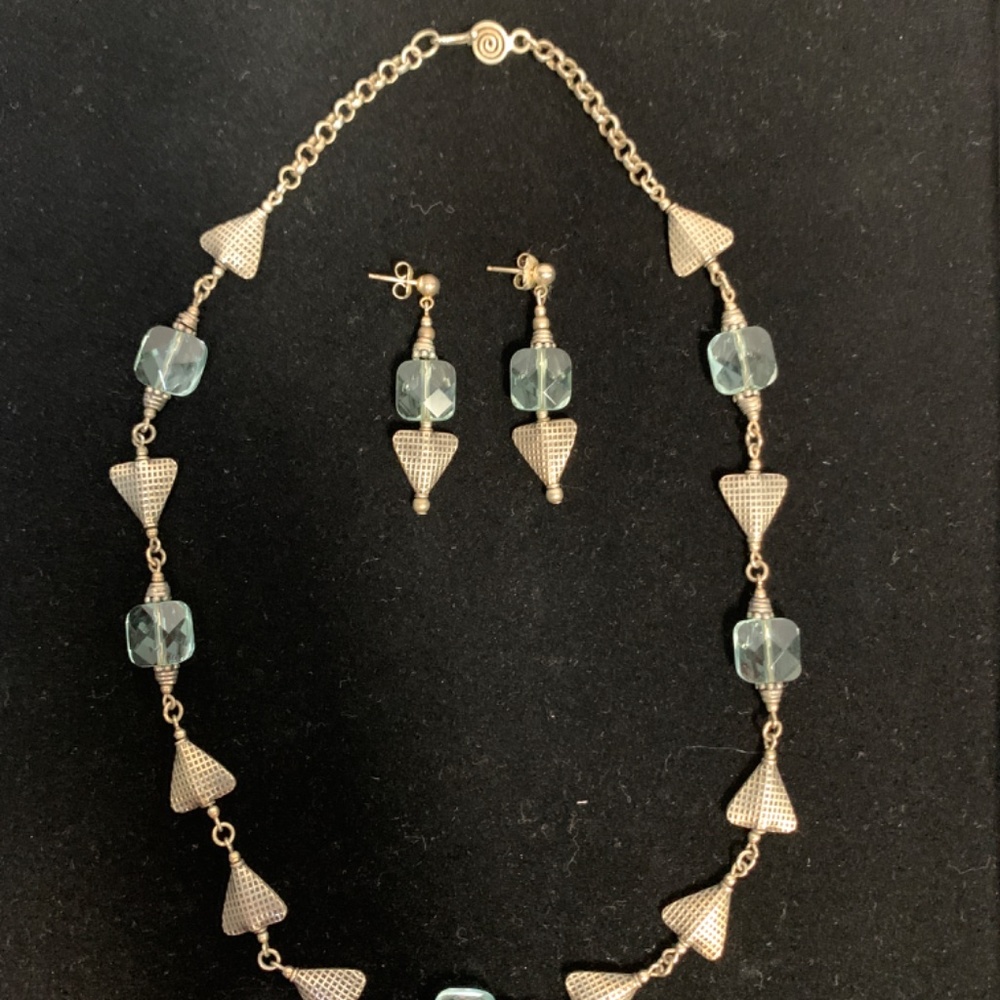Southwestern Sterling Silver with Aquamarine Gemstone Necklace and Earring Set.